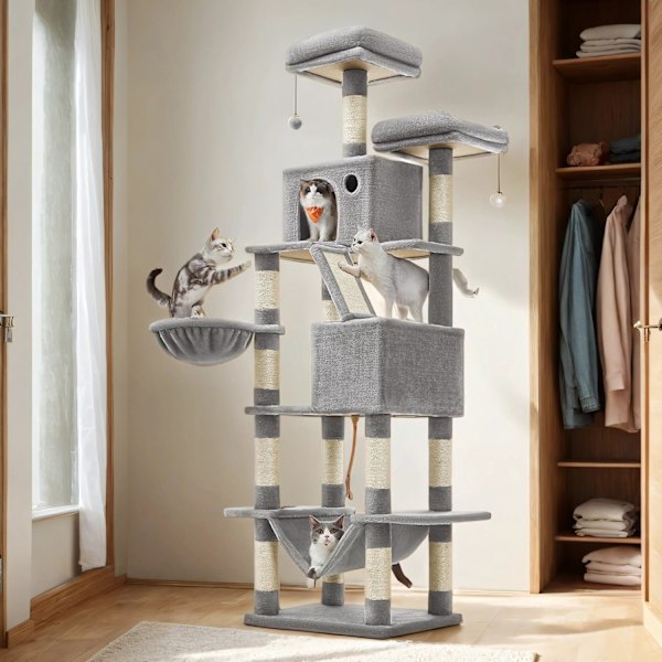 Rootz Cat Tree - Scratching Post - Climbing Tree - Space Saving Amusement Park - 60 x 50 x 206 cm - Grå - Plush & Sisal