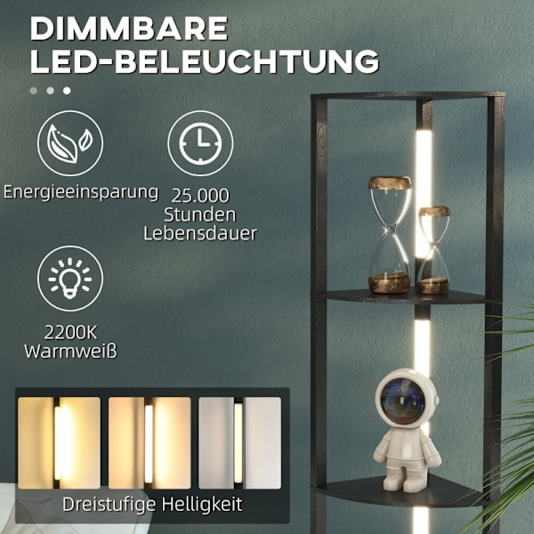 Rootz LED gulvlampe med hylde - Moderne sort stående lampe - Høj hjørnelampe - 3 lysstyrkeniveauer - Integreret LED - 41 cm x 29,5 cm x 163,5 cm