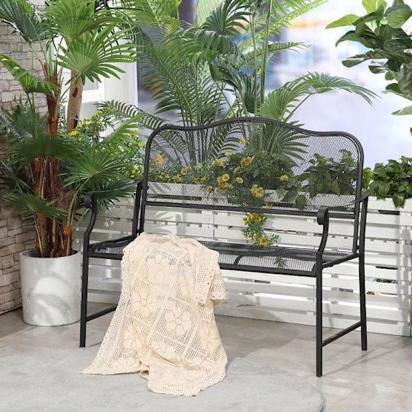 Rootz trädgårdsbänk - 2-sits trädgårdsbänk - 2-sits bänk - väderbeständig - metall - svart - 113cm x 58cm x 98cm