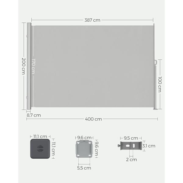 Rootz Sidefortelt - Solafskærmning - Udendørs baldakin - Pulverlakeret stål - Polyesterstof - UV-beskyttelse - 200 cm x 400 cm - Lysegrå