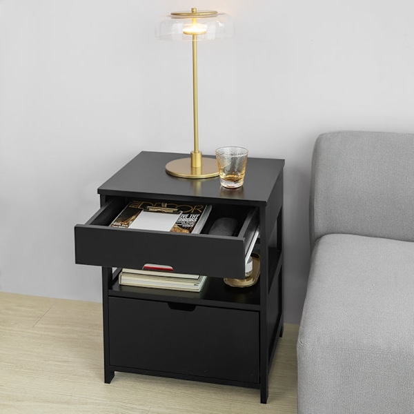 Rootz Modern Sängbord - Nattduksbord - Sidobord - Svart MDF - Stor förvaring med 2 hyllor och 2 lådor - Reptåliga golvskydd - Mångsidig för vardagsrum