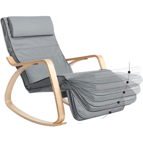 Rootz Gyngestol - Relax Chair - Armlæn - 5-vejs justerbar fodstøtte - Birketræ - Grå - Beige - 67 x 115 x 91 cm