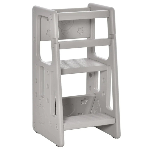 Rootz Kids Trin skammel - Læringstårn - 3-niveauer højdejusterbar - Spisestue - Skridsikre fødder - Robust plastik - Grå - 47 x 47 x 90 cm