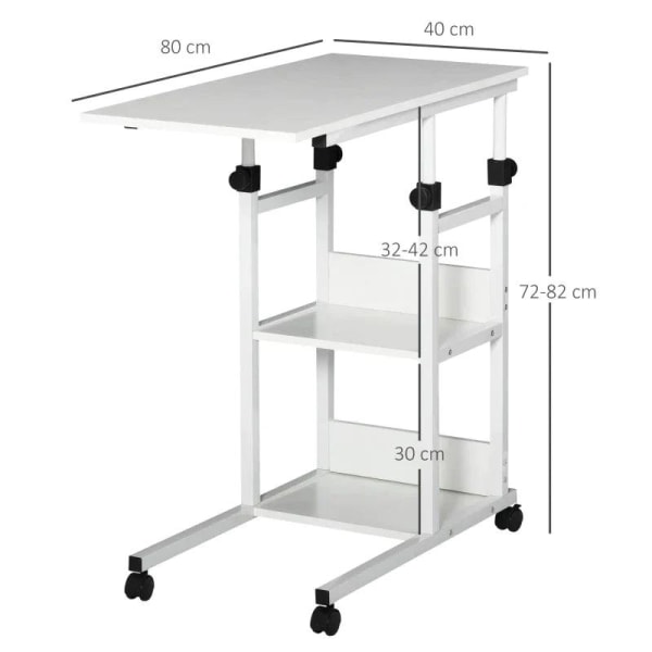 Rootz Sidebord - Sofabord Med Hjul - Sengebord Til Spisestue Stue - Højdejusterbar - 2 Nedre hylder - E1 Spånplade - Metal - Hvid - 80 x 40 x 72-82 cm
