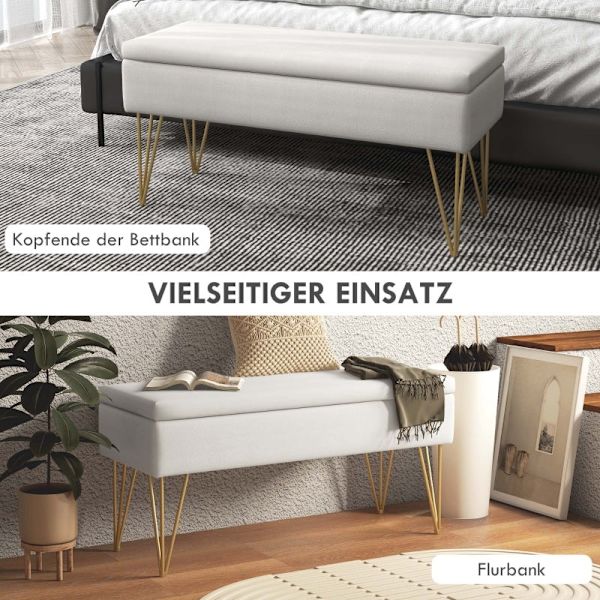 Rootz Sengebænk med opbevaringsplads - Soveværelsesbænk - Ottoman - Cremestof - Guld hårnåleben - 100 cm x 40 cm x 49 cm
