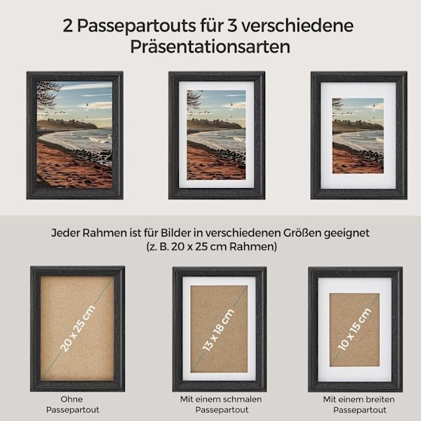 Rootz 7-osainen tuhkanmusta valokuvakehyssarja - Seinäkoristelu - MDF ja lasi - Koko 23 x 28 cm, 15,3 x 20,4 cm, 12,8 x 17,9 cm - Kevyt - Kiinnikkeet