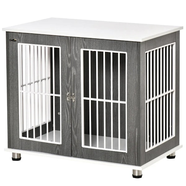 Rootz Transportkasse - Hundebur - Til mellemstore og små hunde - Låsbar - Træbaseret - Stål - Grå + Hvid - 85W x 55D x 75H cm