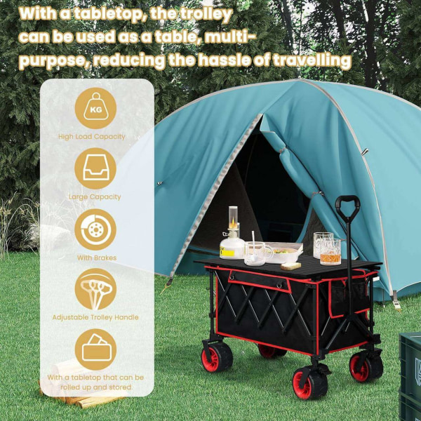 Rootz foldbar håndvogn med bordplade - Bærbar hjælpevogn - Udendørsvogn - Alsidigt 2-i-1-design - Terrænhjul - Holdbar konstruktion - 92 cm x 97 cm x