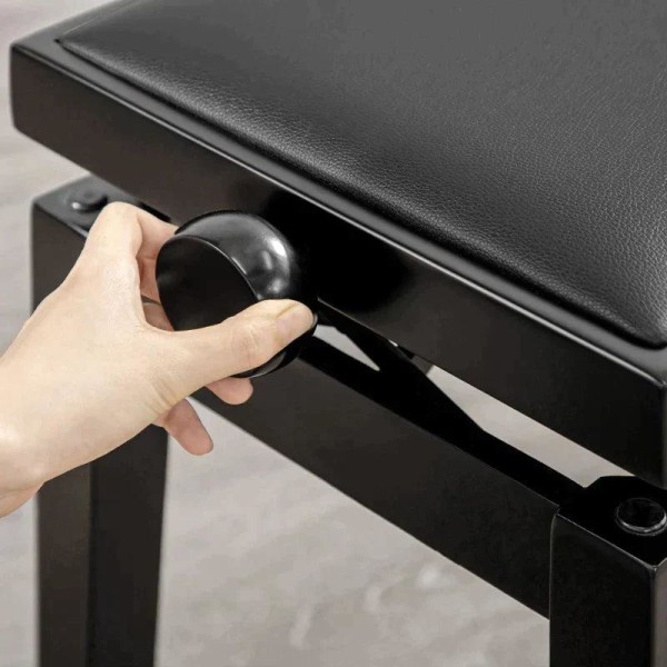 Rootz Piano Bench - Klaverstol - Højdejusterbar - Elegant højglans - Imiteret læder + Gummitræ - Sort - 63 x 33 x 56 cm