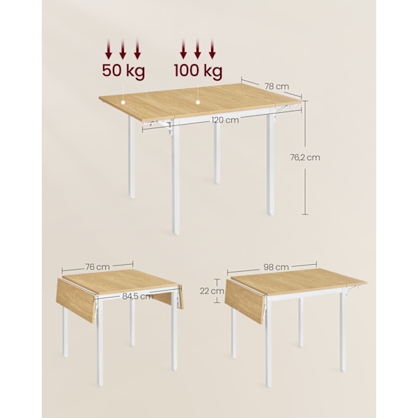Rootz spisebord til 2-4 personer - Naturlig egefarve - Skyhvid - Spånpladestål - 78 cm x 120 cm x 76,2 cm - Bærbart foldbart bord