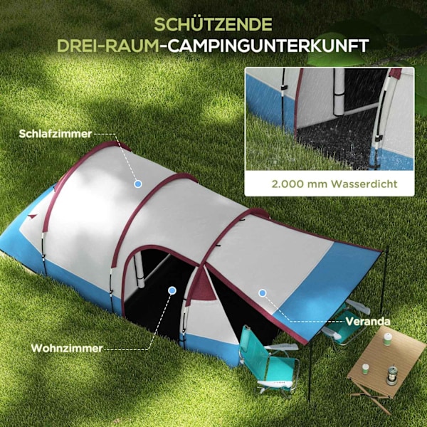 Rootz 3 henkilön retkeilyteltta - Outdoor -teltta - Vedenpitävä suoja - lyhtykoukut - 420 cm x 200 cm x 150cm - sininen, valkoinen
