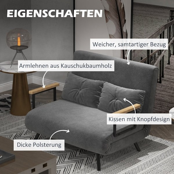 Rootz 2-sits sammetsbäddsoffa - bäddsoffa - bäddsoffa - justerbart ryggstöd - tjock stoppning - 102 cm x 73 cm x 81 cm (soffa) / 183 cm x 98,5 cm x 26