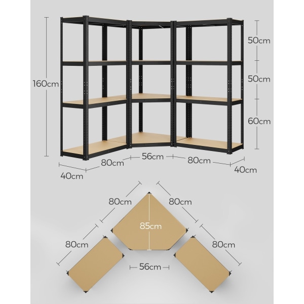 Rootz 3-delt Hjørnehylde - Galvaniseret stål - MDF - Blæk sort-naturlig beige - Heavy Duty - Alsidig - Nem montering - 160 cm x 160 cm x 160 cm