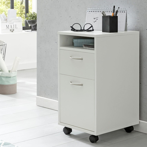 Rootz rullecontainer hvid 33x63x38 cm skrivebordsunderskab træ - Rullekommode Moderne - Kontorcontainerskuffeskab med låge - Lille skrivebordsskab med