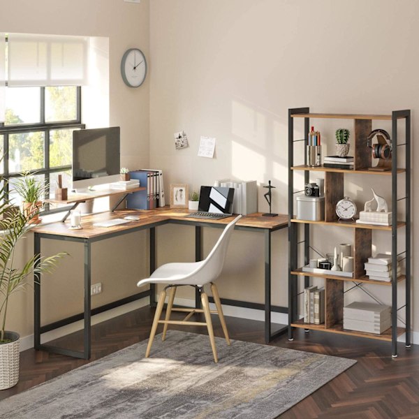 Rootz L-formet skrivebord med skærmstativ til at studere, spille, arbejde - Justerbare ben - Metalramme - Rustik brun - (140 x 130 x 76/91,5 cm)