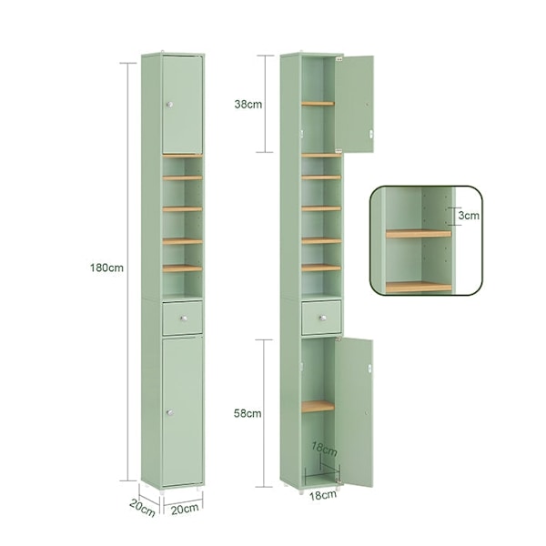 Rootz Cedar badeværelse skab - opbevaringsløsning - badeværelsesarrangør - justerbare hylder - Tilt -proof - 20x180x20cm