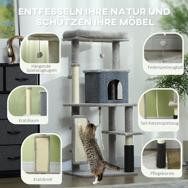 Rootz 52 "Cat Tree - Activity Scratching Post - Play Center - Sisal for Claw Care - 55L X 44W X 132H CM - Grå