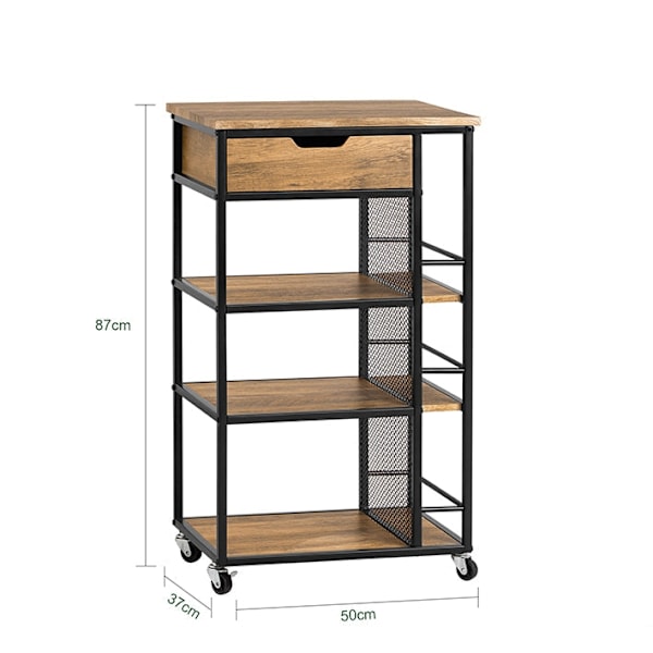 Rootz Serveringsvagn FKW99-N - Sidovagn - Multifunktionsskåp - MDF och metall - 3-våningsförvaring - Mobil med låsbromsar - 50cm x 87cm x 37cm