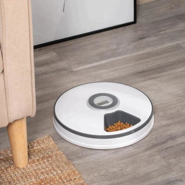 Rootz foder til kæledyr - 6 rums foder til katte - foder til kæledyr med digital timer - LED-skærm - Hvid + Grå - Ø30,5 x 7,2H cm