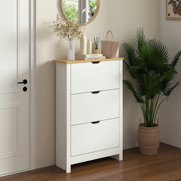 Rootz Skoskab - Skostativ - Skoopbevaring - 3 rum - 18 par sko - Spånplade - Hvid-brun - 72 Cm X 26 Cm X 112 Cm