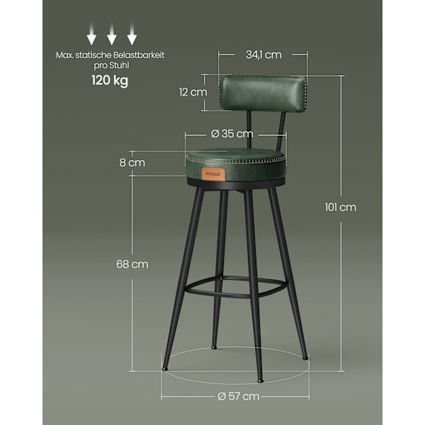 Rootz set med 2 Forest Green Barstolar - Bänkpallar - Stålram - PU-läder - 57cm x 57cm x 101cm. Lättvikt - 120 kg Kapacitet.
