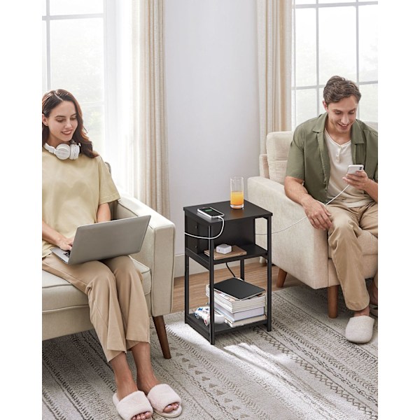 Rootz Supplement Side Table - Accent Table - End Table - USB+AC Connections - Black Chipboard & Steel - 30x34x58cm