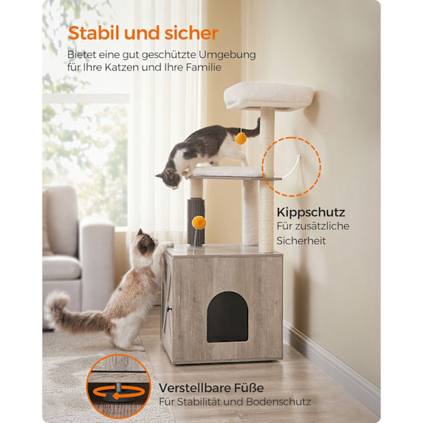 Rootz Modern Cat Tree - Greige Cat Tower - Monitasoinen kissan asunto - Lastulevy ja pehmo - 52 cm x 52 cm x 134 cm - Raaputustolppa - Tukeva ja tyyli