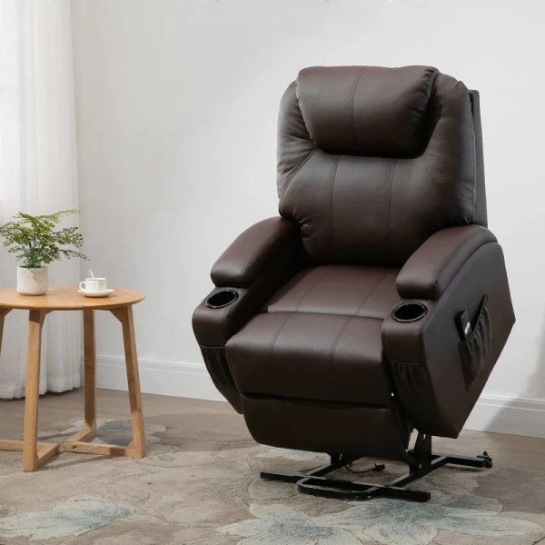 Rootz afslapningsstol - Ståhjælp - Inklusiv fjernbetjening - Kopholder - Justerbart ryglæn - Kunstlæder - Brun - 84L x 92W x 109H cm