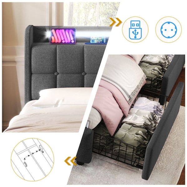 Rootz Modern dubbelsäng - LED-ljussäng - USB-laddningssäng - Funktionell design - 144,5 cm x 220 cm x 103,5 cm