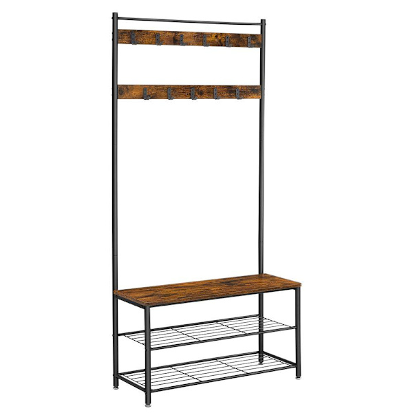 Rootz Knageholder - Knageholder med 3 hylder - Stående knagerække - Trækrog - Vægmonterede knagerækker - Spånplade - Stål - Vintage Brun-sort - 32 x 8