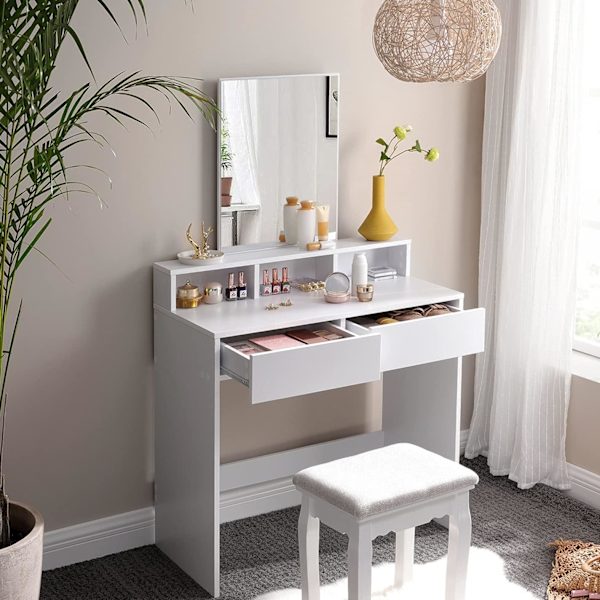 Rootz Toiletbord - Comestica Bord - Make-up bord - 2 skuffer - Spejl - Åbne rum - Forarbejdet træ - Hvid - 80 x 40 x 140 cm