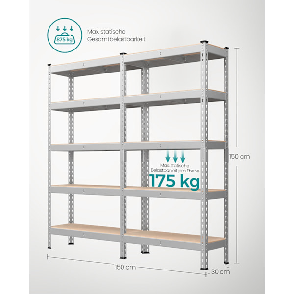Rootz 2 Set Heavy Dut -hylly - tukeva säilytysyksikkö - teollisuushyllyt - Max -kuorma 875 kg - hopeateräs ja mdf - 30 cm x 75 cm x 150 cm