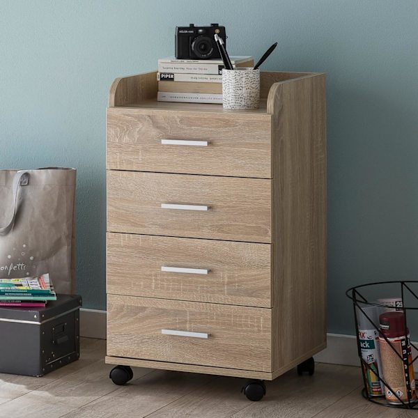 Rootz rullecontainer 40x70,5x33cm Sonoma - Skrivebordscontainer Rulleskab 4 skuffer - Moderne skuffecontainer med hjul - Standcontainer Kontorcontaine