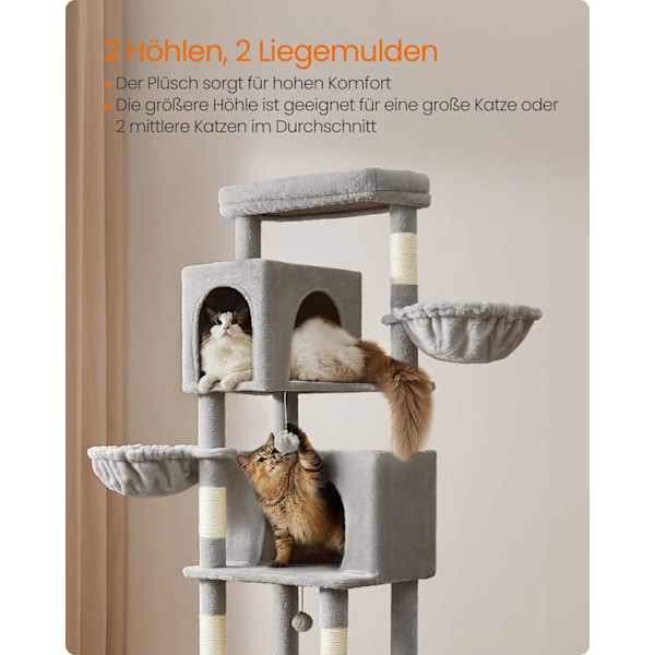 Rootz Scratch Tree - Cat Climbing Tower - Feline Activity Center - 190,7 cm Hög - 2 grottor - 59 cm x 48 cm x 190,7 cm - Grå