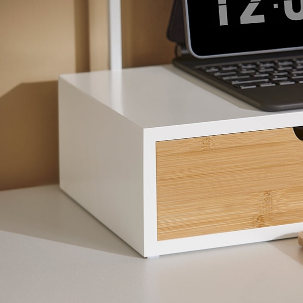 Rootz Monitor Stand Riser - Screen Elevation - Desk Organizer - Space Saving - 3 Drawers - MDF & Bamboo - 60x11x22CM