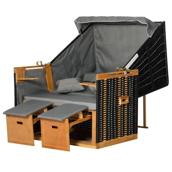 Rootz strandstol - 2 personer med tilbagelænet ryglæn - Pyntepuder - Rygpuder - Fodstøttepuder - Træ - PE Rattan - Polyester - Skum - Lysegrå - 118 x