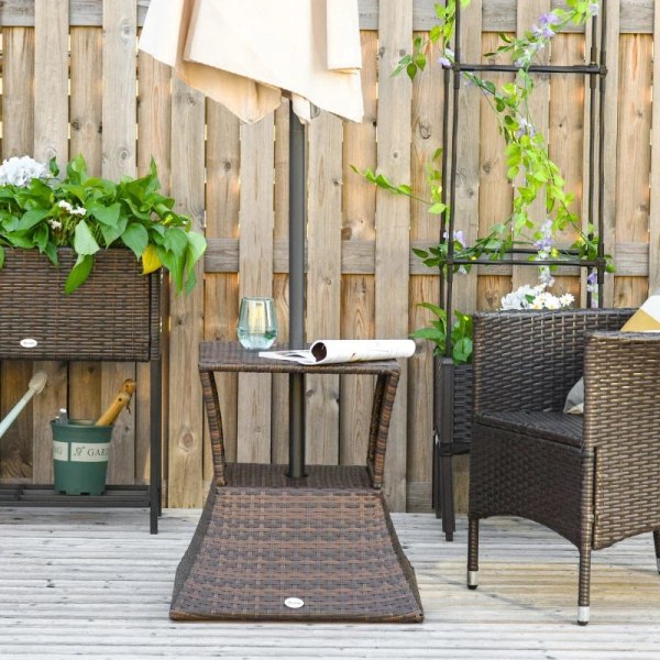 Rootz Garden Side Table - Rattan Tea Table - Coffee Table - Tea Table - Bistro Side Table - Umbrella Hole And Storage Space - Brown - 54 x 54 x 55 cm
