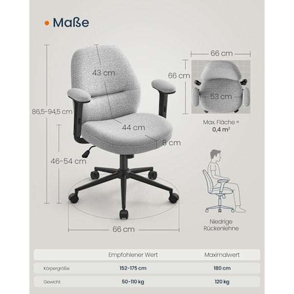 Rootz-toimistotuoli säädettävillä käsinojilla - Pöytätuoli - Ergonominen tuoli - Dove Grey - 66cm x 66cm x (86,5-94,5cm) - PU - Teräs