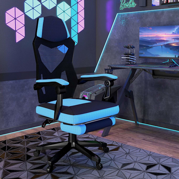 Rootz Gaming Kontorstol - Højdejusterbar sæde - Rotatabel rulle - Ergonomisk komfort - 58 cm x 63 cm x 112-122cm - Blå -sort