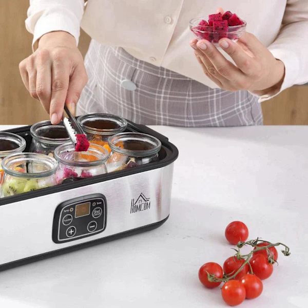 Rootz Yoghurt Maker - Yoghurtmaskine med lcd-skærm - 8 yoghurtdåser med glaslåg - rustfrit stål - glas - sølv - 36 x 18,8 x 14 cm