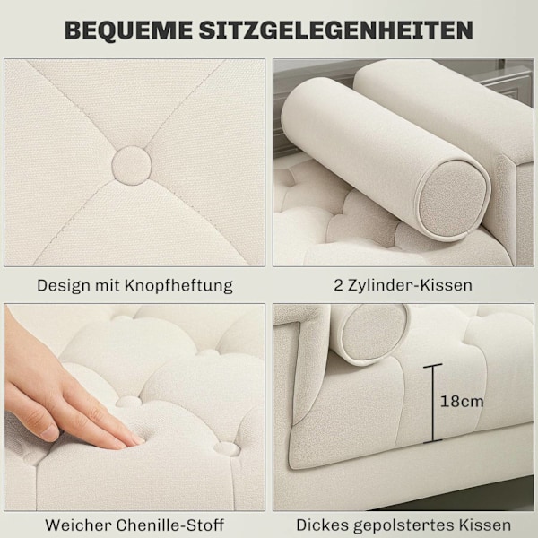 Rootz klädda bänk - vintage design - Chenille -omslag - mjuk stoppning - 115 cm x 44 cm x 58 cm - vit