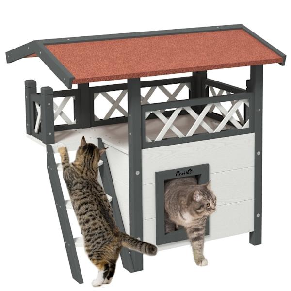 Rootz Cat House - Pet Kennel - Asfalttikatto - 2 tasoa 1 Tikkaat - Kuusi - Valkoinen + Punainen - L77 x L50 x K73 cm