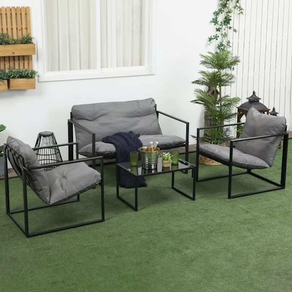 Rootz 4-delt havemøbelsæt - Udendørs terrassesæt - Vejrbestandig - Holdbar stålramme - Komfortable puder - 114 cm x 70 cm x 67 cm - Grå + Sort