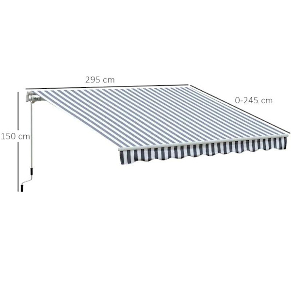 Rootz Markise - Ledarmsmarkise - Solafskærmning - Håndsving - Balkon - Aluminium - Grå/Hvid - 2,95 x 2,45 m