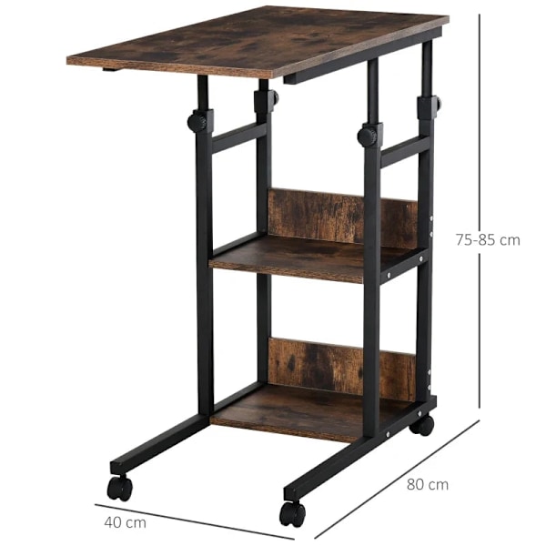 Rootz Sidebord - Sofabord med hjul - Højdejusterbart - Natbord med 2 nederste hylder - Sofabord - Spisestue - Stue - Metal - Brun - 80 x 40 x 72-82 cm