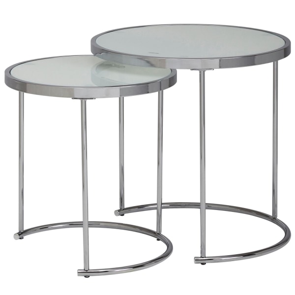Rootz design sidobord runt Ø 50-42 cm - 2 st vit silver med glasskiva - Vardagsbord set om 2 - Nesting bord mjölkglas - soffbord