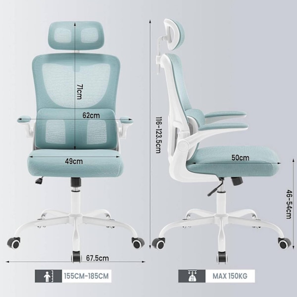 Rootz Ergonomic Office Chair - Mesh Skrivbordsstol - Svankstöd - Gungfunktion - Justerbart nackstöd - 62cm x (116-123,5)cm x 69,5cm