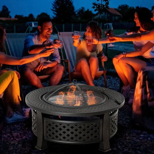 Rootz Fire Pit - Eldskål - Eldkorg - Eldbord - Runt Eldstad - För trädgårdscamping - BBQ - Med Poker Gnistskydd - Stål - Svart - 81 x 81 x 50 cm