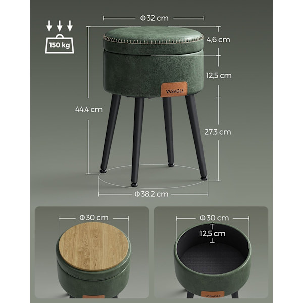 Rootz Forest Green Steel Campingbänk - Förvaringsbänk - Uteservering - Högelastiskt skum - PU syntetiskt läder - Plywood - 38,2 cm x 44,4 cm - Ø 32 cm