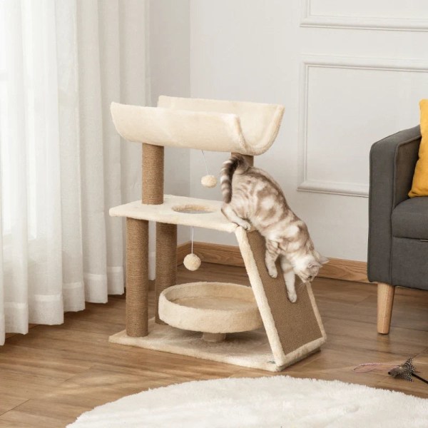 Rootz Cat kradsestolpe - Inklusiv legetøj - Katteseng - Spånplade - Plys - Sisal - Lysebrun - 60 Cm X 30 Cm X 76 Cm